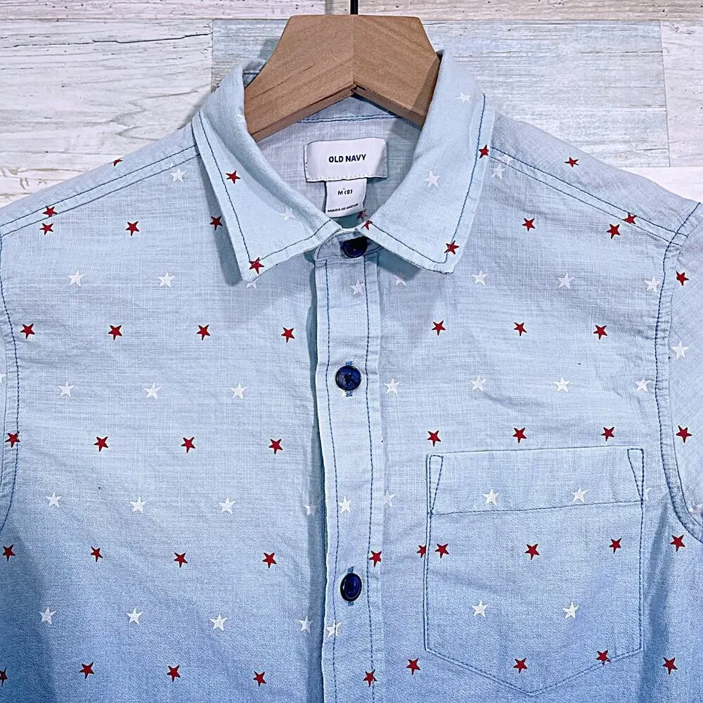 Old Navy Soft Washed Americana Star Print Shirt Blue Short Sleeve Boys Medium